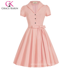 Grace Karin Lapel Collar Nylon-Algodón de color rosa manga corta vintage retro estilo vestido de los años 50 CL008946-2